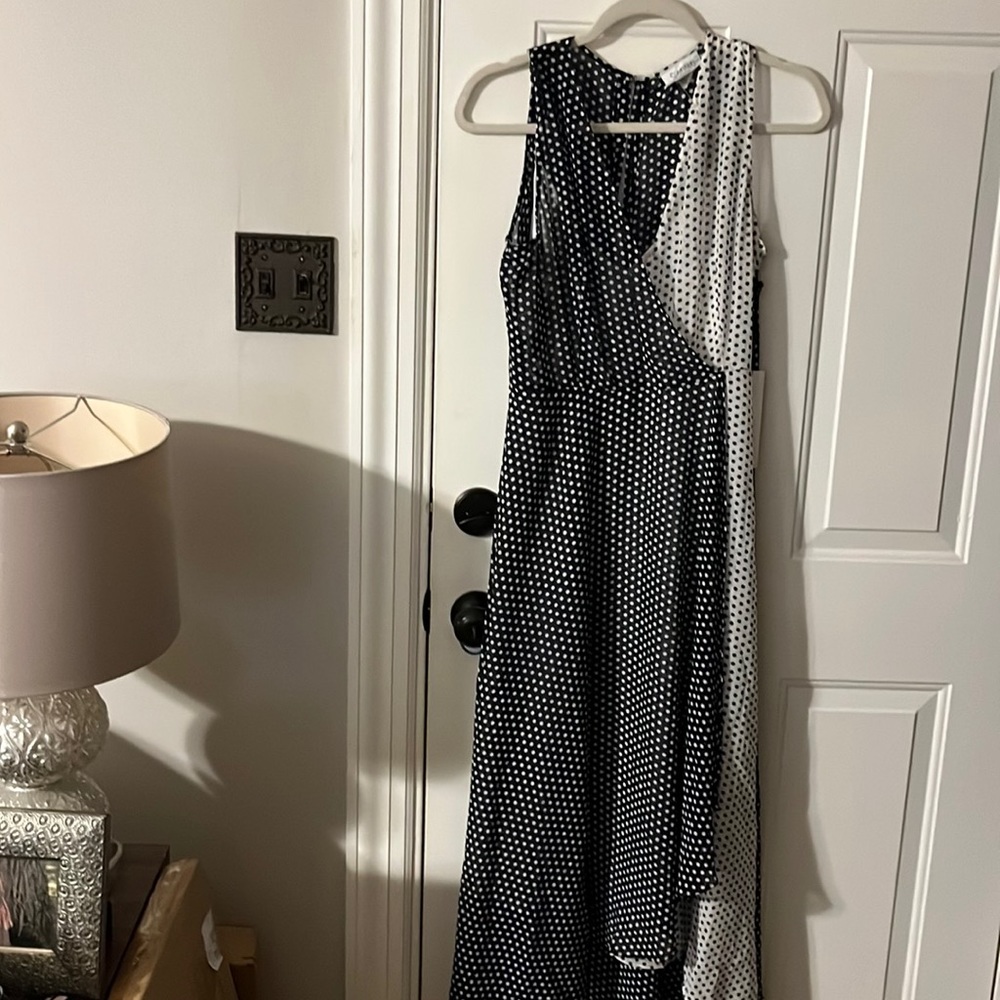 Calvin Klein Navy and White Polka Dot Sleeveless Dress NWT 12